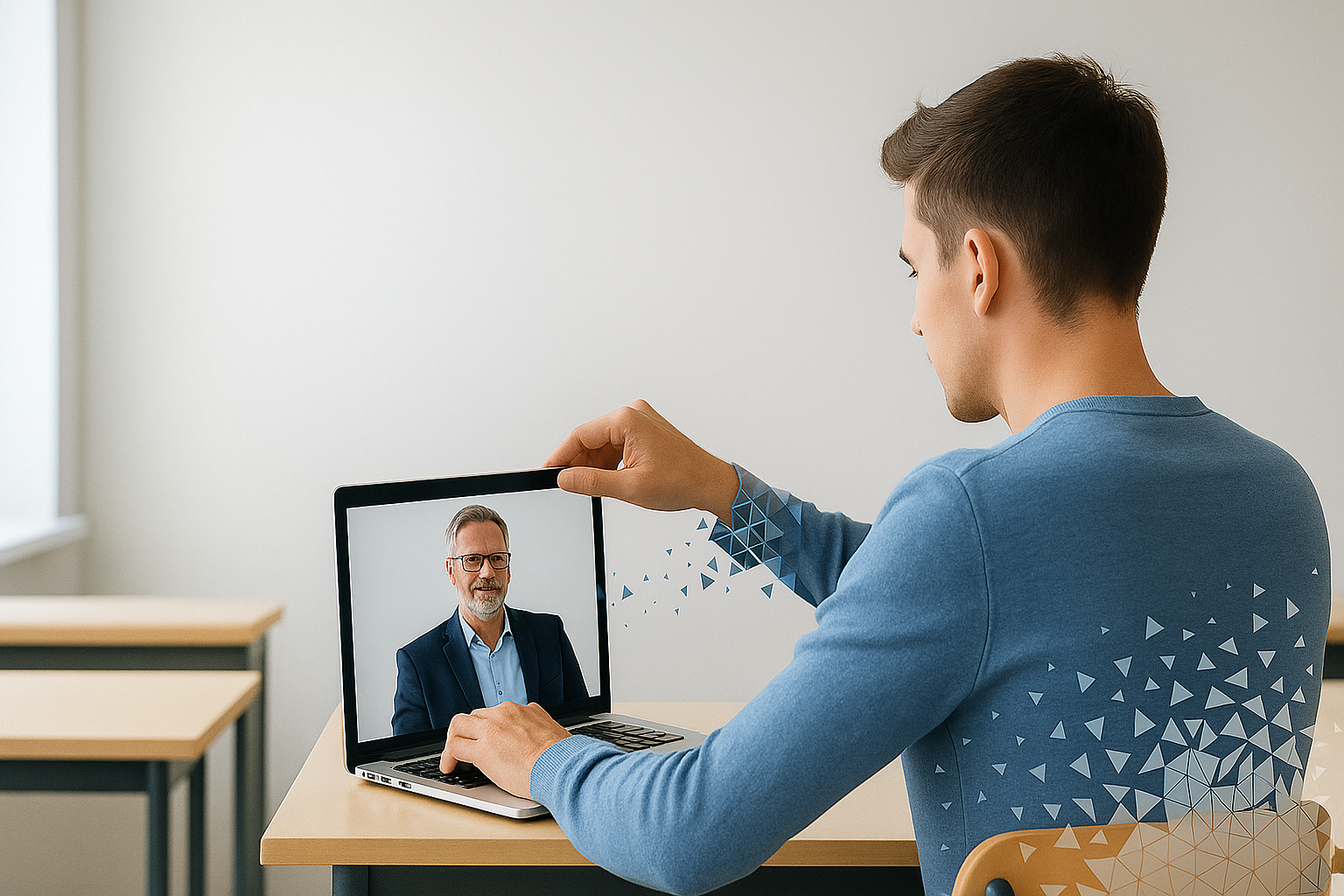 Docente che forma studenti in aula moderna con overlay digitale e grafico interattivo
