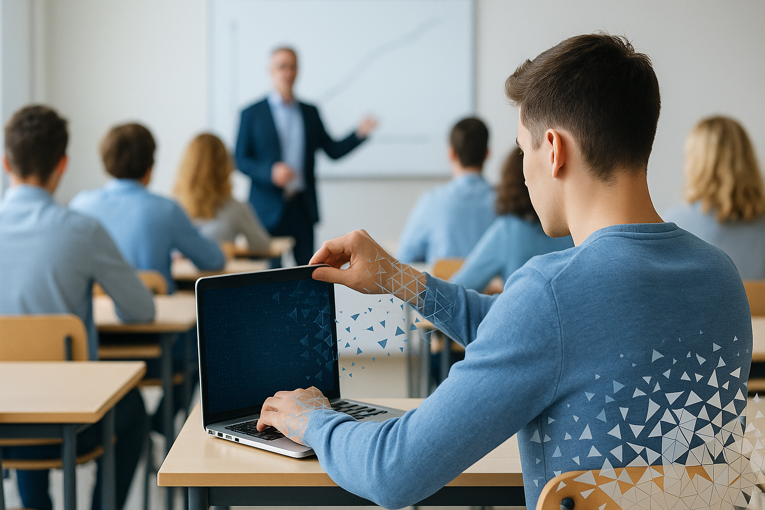 Docente che forma studenti in aula moderna con overlay digitale e grafico interattivo